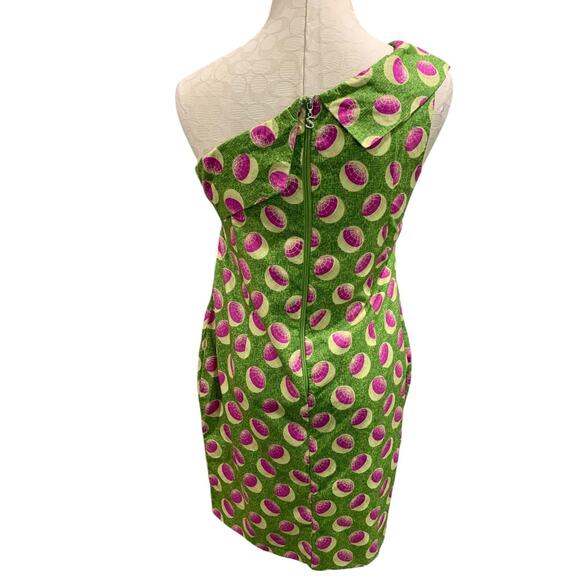 Medium Vintage 1960s One Shoulder Sheath Dress Green Pink - Picture 4 of 9